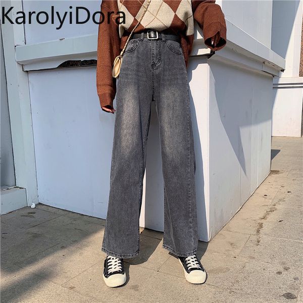 

2020 spring new loose casual denim wide leg pants with belt, Blue