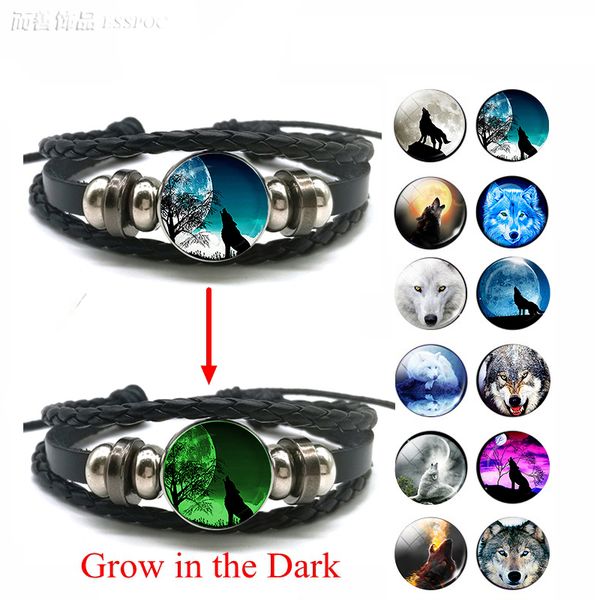 

glow in the dark wolf head bracelet multilayer leather bracelet charm women men fashion luminous bracelets wolf jewelry, Golden;silver