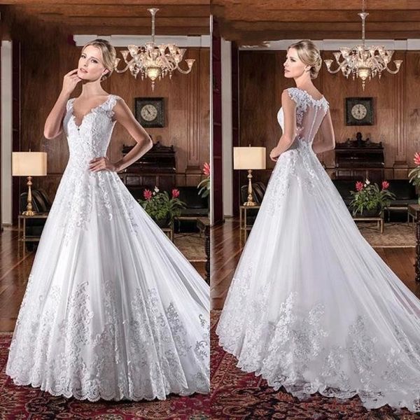 

vestidos de noiva brazil wedding dresses v neck lace a line sweep train illusion back custom made bridal gowns, White