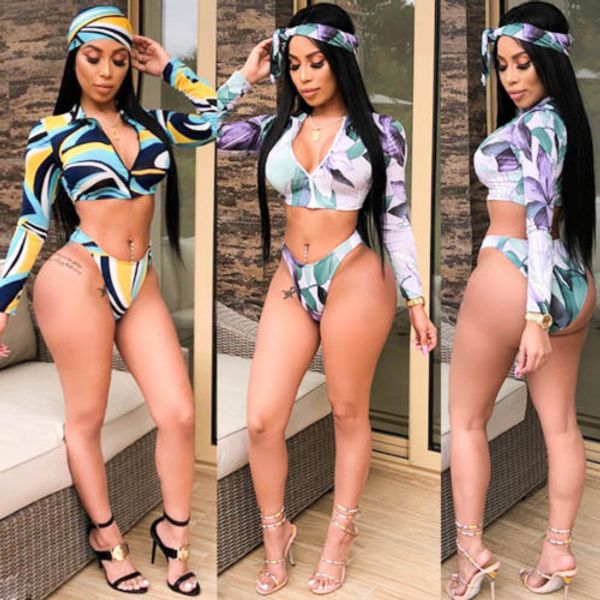 

women floral swimsuit long sleeve zipper beachwear swimwear push-up bikini set bathing suit swimming suit