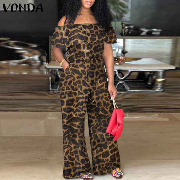 

leopard jumpsuits women off shoulder rompers vonda 2020 female long pants short sleeve playsuits pantalon femme 5xl, Black;white