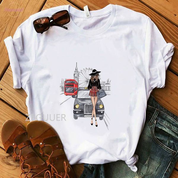 

london girl lovely t shirt vogue white tees 100% cotton soft o neck women t shirt coffee lady and car illustration summer
