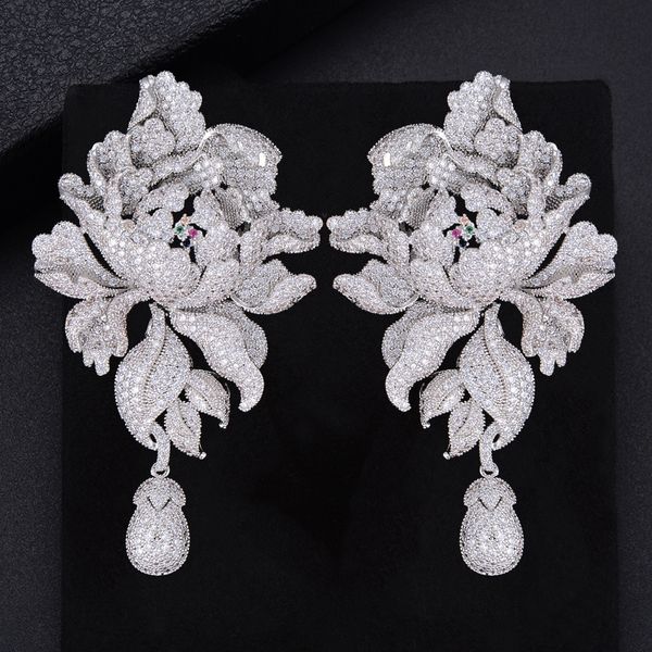 

godk 76mm luxury peony flower blossom cubic zirconia women statement long drop earring wedding party bridal fringed jewelry gift, Silver