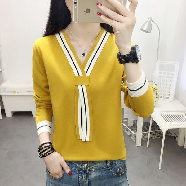 

long-sleeved v-neck sweater women's casual autumn winter 2020 pullover loose striped v-neck bottoming fashion casual female, White;black