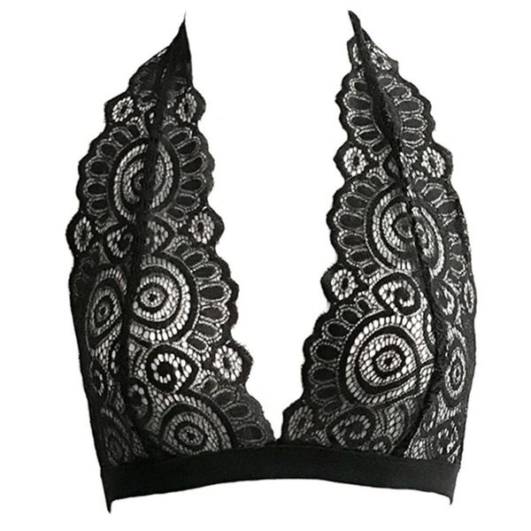 

womens halter plunging v-neck bralette hollow out sheer floral lace bustier backless seamless solid color lingerie crop top, Red;black