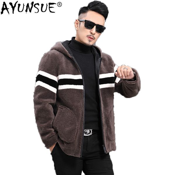 

ayunsue winter new real fur coat men 100% wool jacket sheep shearing short men's fur coat hooded blouson homme kj1460, Black