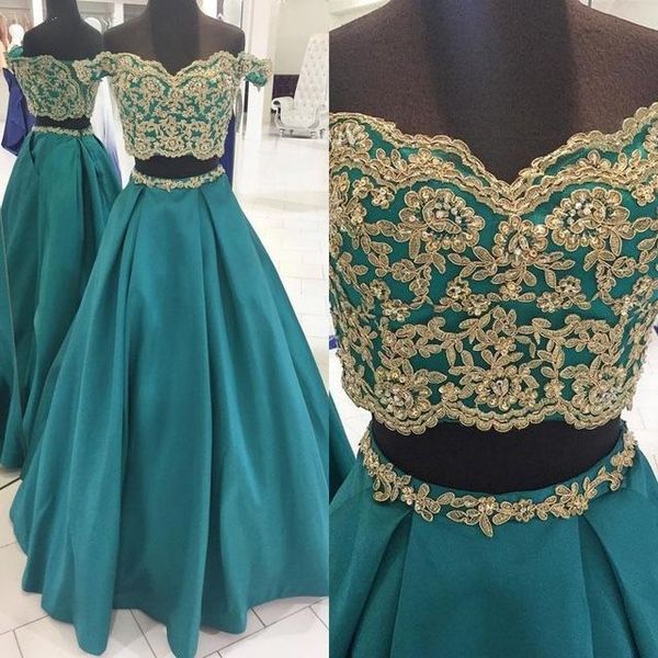 

selling 2 piece evening prom dresses boat neck off the shoulder gold beaded lace satin a line long eveing gowns party dress, Black;red
