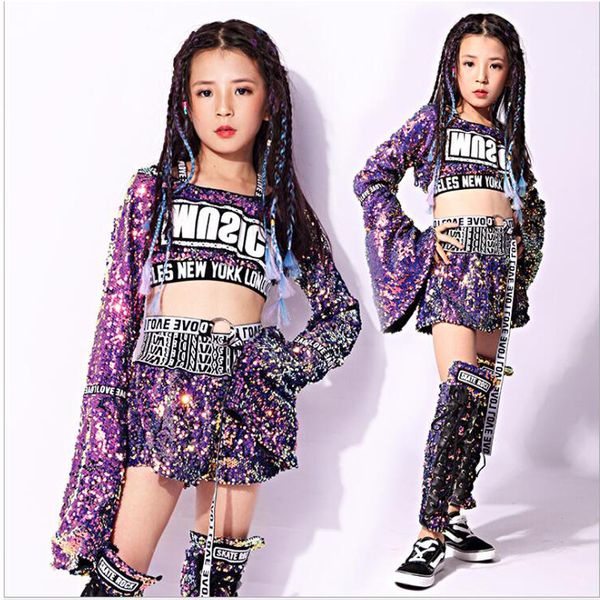 

kid sequined hip hop clothing sweatshirt pants girls purple jazz dance costumes ballroom dancing clothes street wear outfit, Black;red