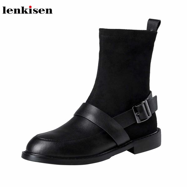

lenkisen genuine leather round toe low heels british school flock buckle straps black colors winter warm women ankle boots l22