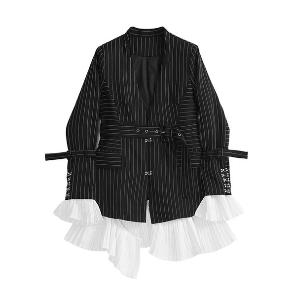 

2019 new autumn winter lapel long sleeve black striped hem ruffles stitch loose jacket coat fashion tide em185, White;black