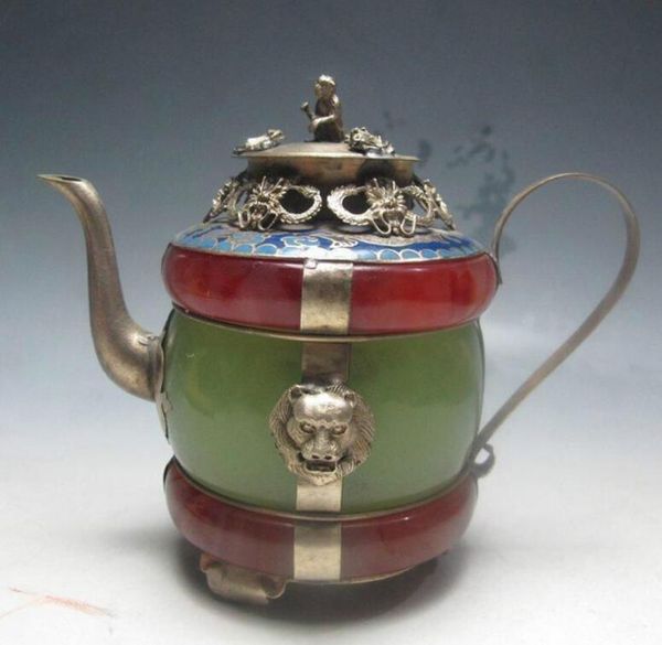 Collectible Decorado Velho Handwork Cloisonne Tibete Prata Dragão Chá Pot