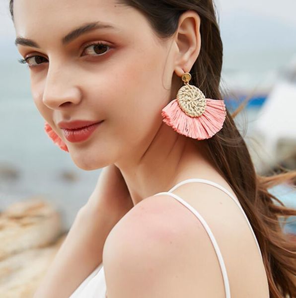 

rattan braided tassels earrings rafi fan-shaped fashion eardrops female grass handmade tassels earrings the gift for women and girls, Golden