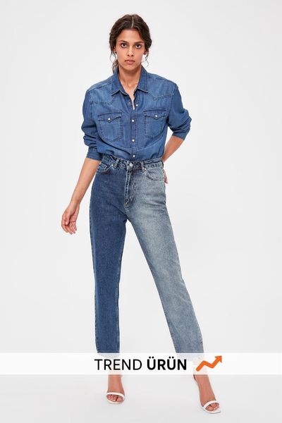 

trendyol blue block wash detailed high bel mom jeans twoaw20je0239