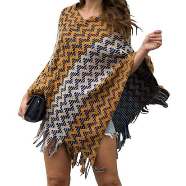 

fashion spring women sweater ladies tassels wavy diagonal stripes poncho long knitted pullovers knitted cape coat sweater s227, Black