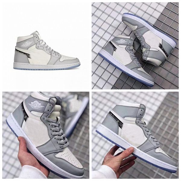 

Высокое качество 2020 новый релиз 1 OG Высокий макияж х воздуха женщин Mens Basketball обувь Серый Белый кристаллический дно кроссовки Размер 36-45