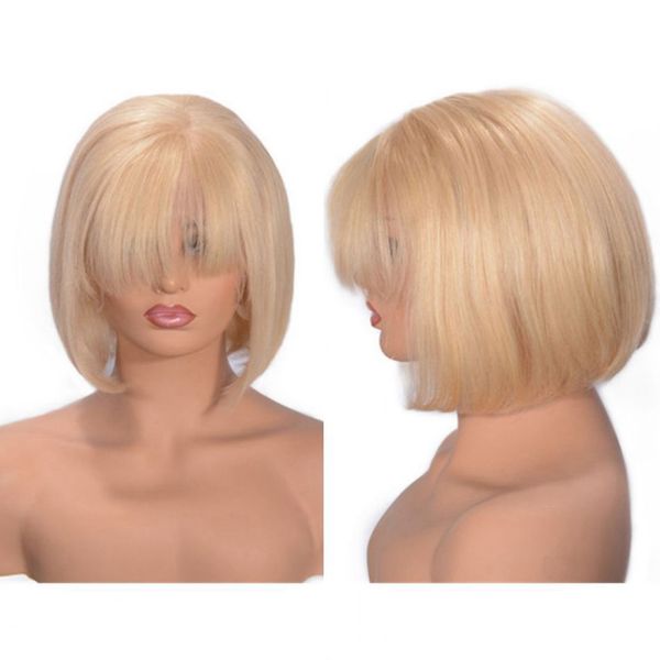 

613 lace front wig straight peruvian blonde human hair short bob wigs 130% density with bangs, Black;brown