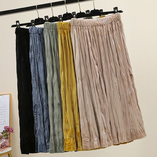 

2019 velvet skirt womwn autumn winter high waist female long pleated velvet skirt korean style ladies harajuku, Black