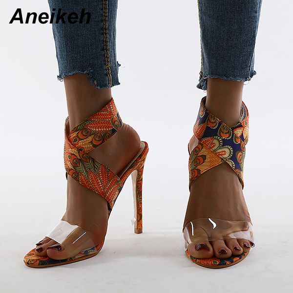 

aneikeh new 2020 pvc+canvas rome shoes woman sandals open toed high heels women party dress shoes sandals pumps 12cm size 9, Black