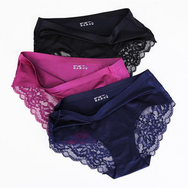 

women lace underpants comfortable non-trace underwear thin and light breathable ice silk briefs female exquisite panties, Black;pink