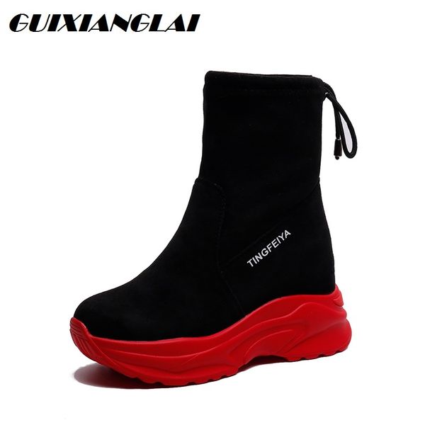 

short boots women 2019 new winter plus velvet thick bottom martins women's high heel net red thin shoes high socks boots, Black