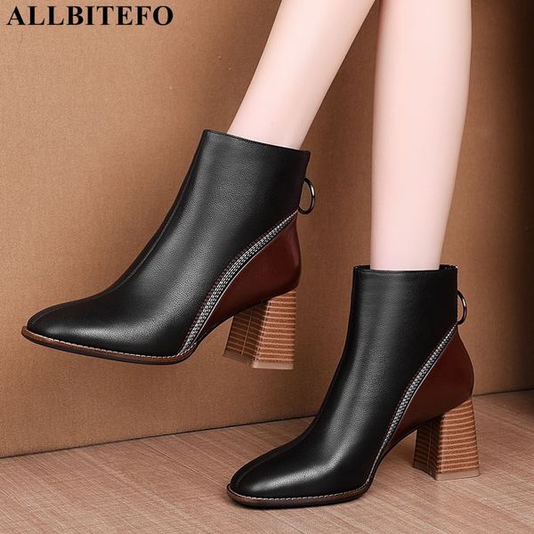 

allbitefo large size:34-41 genuine leather high heels women boots thick heel ankle boots for women winter, Black