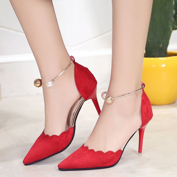 

2019 korean version of the new pointed stiletto women's shoes fashion pearl buckle high heels, Black;white
