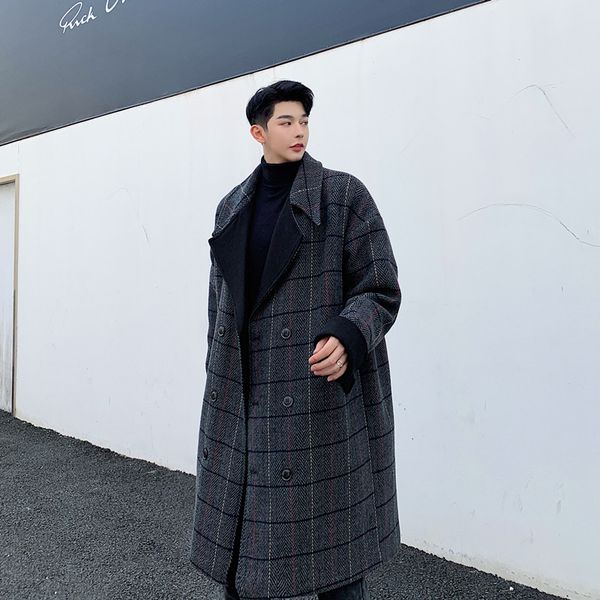 

spring autumn male vintage fashion casual loose long jacket overcoat men wool plaid trench coat outerwear, Black