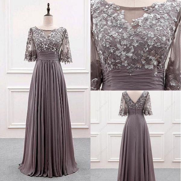 2020 Splitter Pailletten Spitze Mutter der Braut Bräutigam Kleider Kurzarm Falten drapiert Chiffon Abendkleid formelle Hochzeit Braut Party Kleid