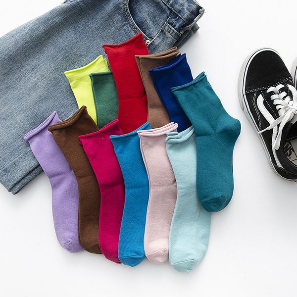 

ins new winter combed cotton solid color rolled womens mid-calf socks brand direct sale, Black;white