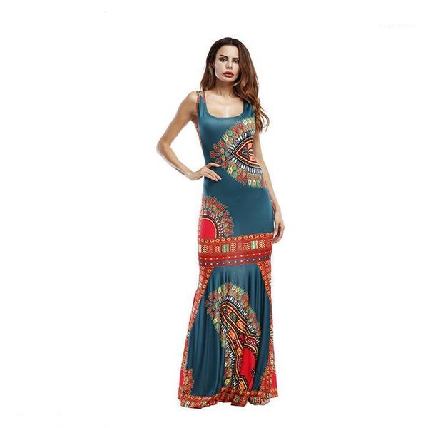 

maxi casual print women dresses summer ladies sleeveless beach dress scoop neck trumpet female clothing strapless, Black;gray