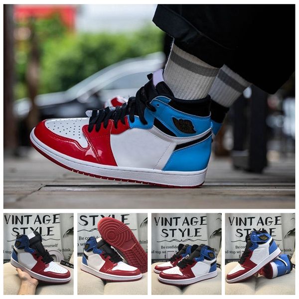 

2019 new 1 high og fearless first class mens basketball shoes varsity red blue white designer 1s unc chicago patent leather sports sneakers