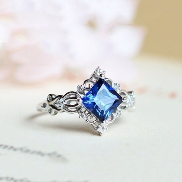 

natural london sapphire-z lady ring with sapphire zircon cz princess wedding ring party jewelry fashion gift women's rings, Golden;silver