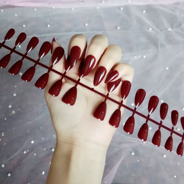 

nusx 280pcs fake short pointed coffin false nail tips false nails full cover pure candy color ballerinas press on nail fa036, Red;gold