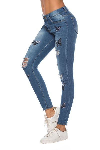 

slim casual designer butterfly distressed embroidered jeans pants women skinny high waist pencil pants denim jean ladies trousers, Blue