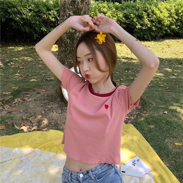 

2020 сладкая любовь возраста снижающих деревянные уха верхней тонкий западный стиль женщин с коротким рукавом футболки ins моды, White