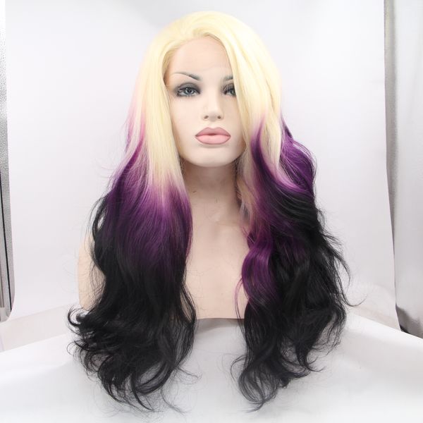 

cosplay long body wave wig glueless ombre purple synthetic lace front wigs with bangs 180% density heat resistant fiber wigs for women, Black;brown