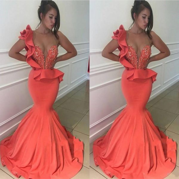 

beautiful coral sheer jewel neck mermaid prom dresses zipper back beaded satin evening prom gowns robes, Black