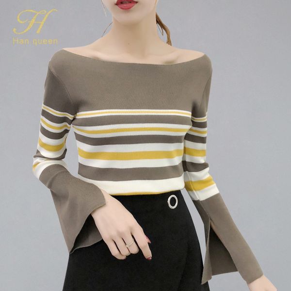 

h han queen korean stripe womens sweaters new autumn pullover jumper knitted sweater high elasticity soft female pullovers, White;black