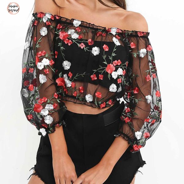 

mesh sexy perspective марли вышивки слово плечо crop top summer sexseries для цветов party club girls рубашки, White