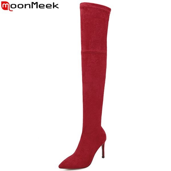 

moonmeek over the knee boots pointed toe zip faux suede boots zip thin high heels classic thigh high women, Black