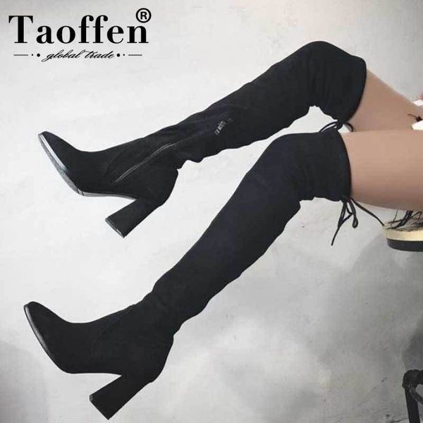 

taoffen winter warm long boots for women solid color high heels over the knee boots fashion rivets shoes women size 34-39, Black