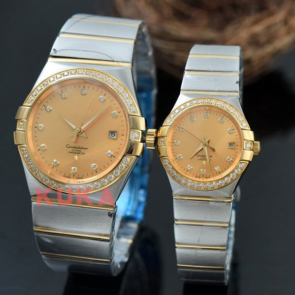 

fashion icedout lovers couples classic automatic movement men mens women womens lovers watches fashion watch steel wristwatches, Slivery;brown