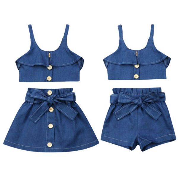 

toddler kids baby girl jeans sunsuit set summer denim blue strap vest buttons shorts dress skirts children outfits clothes, White