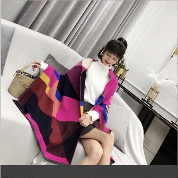 

female air conditioner shawl europe and the united states atmosphere color matching square lattice pull wool scarf warm shawl 200x65cm, Blue;gray