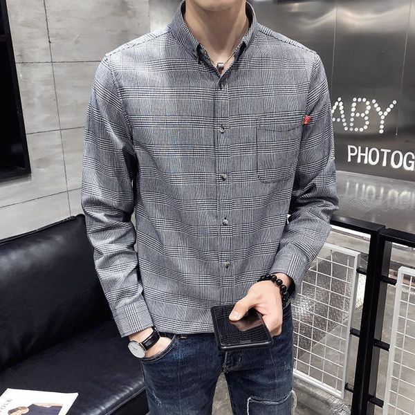 

3xl pocket front long sleeve check shirt point collar button down streetwear workout office plaid shirts men casual xxxl, White;black