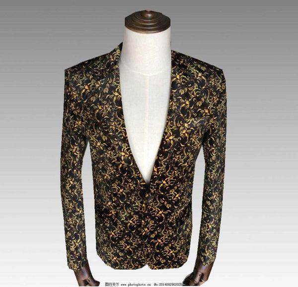 

party male yellow printing banquet suits fashion men's slim fit nightclub style dj dance performance costumes men blazer jacket, White;black