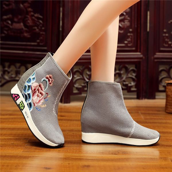 Venda-chinês Hot Style bordados botas de plataforma Wedge Ankle Boots para as Mulheres Retro Outono Casual Comfort Mulher Botas sapatos plataforma sapatos