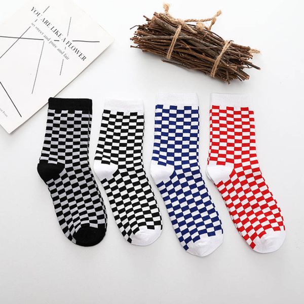 

korea funky harajuku trend women checkerboard socks geometric checkered socks men hip hop cotton streetwear novelty socks, Black