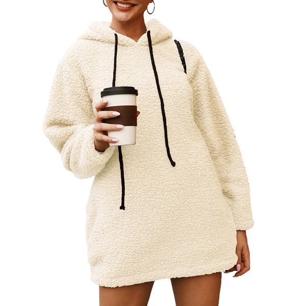 

women sweatshirt solid color fleece woman sudadera mujer drawstring hoodies long hoody sweatshirt warm moletom 2020 new, Black