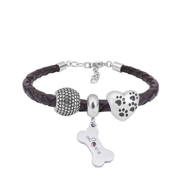 

ajustable leather bracelets stainless steel bangles for women jewelry dog bone heart ball pendants siver bangle gift for gir, Black